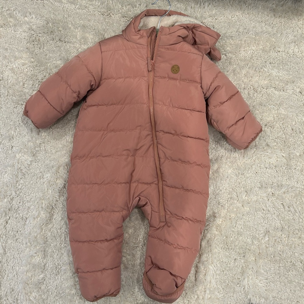 H&M Mauve Pink Hooded Puffer One-Piece Snowsuit